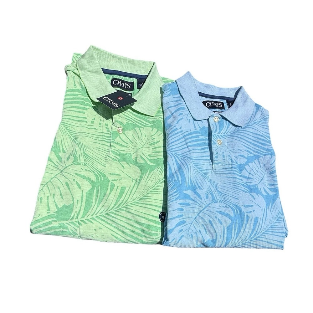 Lot Of 2 Chaps Shirt M Polo Natural Stretch Hawaiian Tropical Floral Lime Green